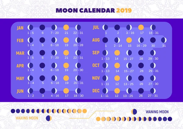 Mondkalender 2019 Flache Vektorabbildung Mondphasen Daten Für Vollmond Neumond Und — Stockvektor