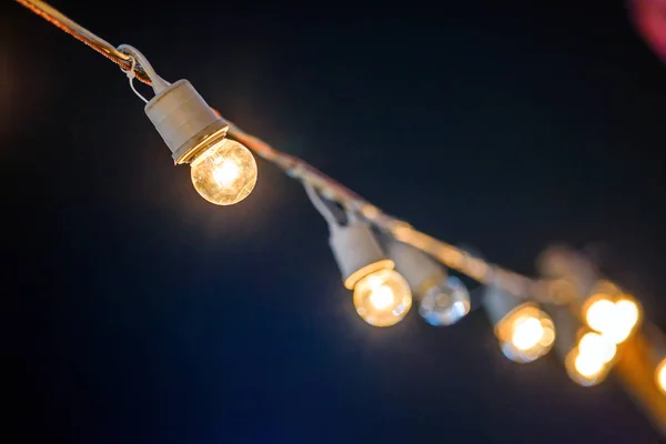 String Wired Warming Light Bulbs Hanging Area Eve — Stock Photo, Image