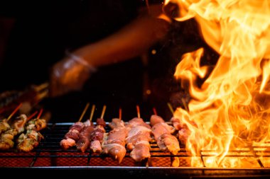 Variety of Barbecue skewers meat kebabs with vegetables on hot fire 
