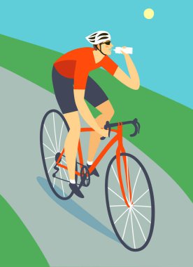 Yol bisikletçi hareket içme suyu sıcak havalarda. Renkli düzenlenebilir vektör çizim tasarımınız için.