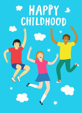 Atlama ve gökyüzü arka plan üzerinde gülümseyen neşeli çocuklar. Çizgi film poster tasarımınız için mutlu çocukluk hakkında.