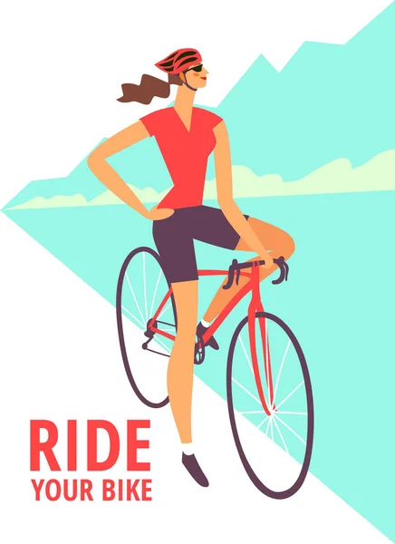 Road Woman Cyclist Poster Colorful Editable Vector Illustration Your Design — Stock Vector