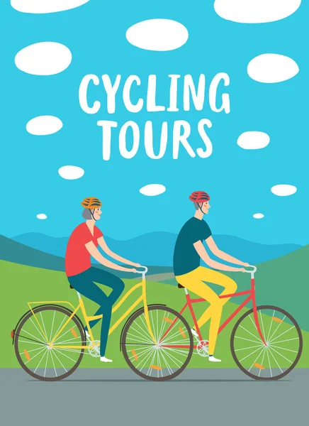Cycling Tours Poster Old Man Woman Cyclists Landscape Background Colorful — Stock Vector