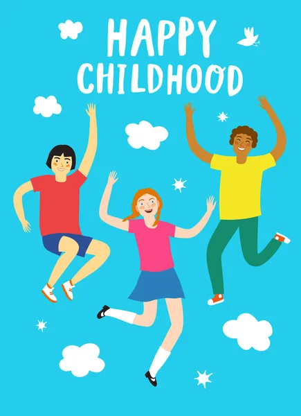 Χαρούμενα Παιδιά Πηδώντας Και Χαμογελά Στο Φόντο Του Ουρανού Αφίσα — Διανυσματικό Αρχείο