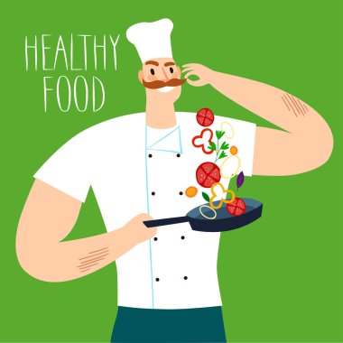 Cartoon chief cooking vegetables. Colorful illustration with healthy food title for your design. clipart
