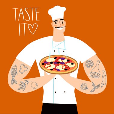Dövmeli lezzetli pizza holding karikatür Şef. Tasarımınız için başlığı ile renkli resimde.