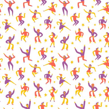 Beyaz arka plan üzerinde dans eden insanlar seamless modeli. Çizgi film illüstrasyon tasarımınız için.