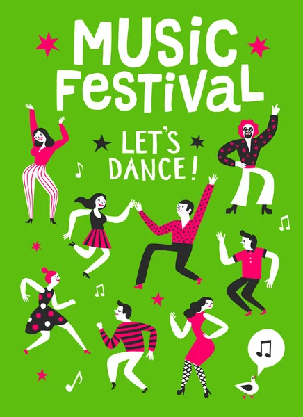 Muziek Festival Cartoon Poster Mensen Dansen Instellen Kleurrijke Afbeelding Voor — Stockvector