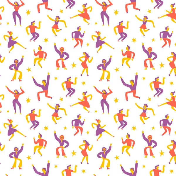 Tančící Lidé Bezešvé Vzor Bílém Pozadí Kreslený Obrázek Pro Návrh — Stockový vektor