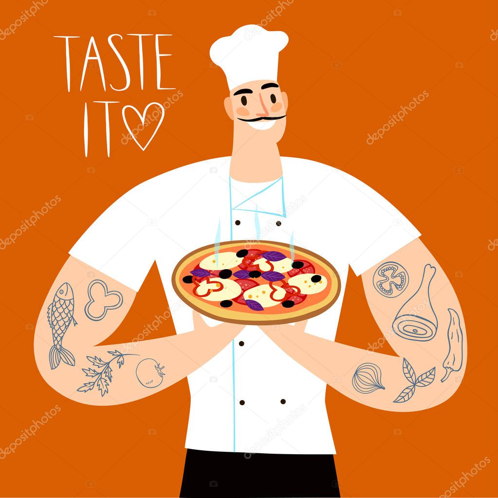 Cartoon chief with tattoos holding tasty pizza. Colorful illustration with title for your design.