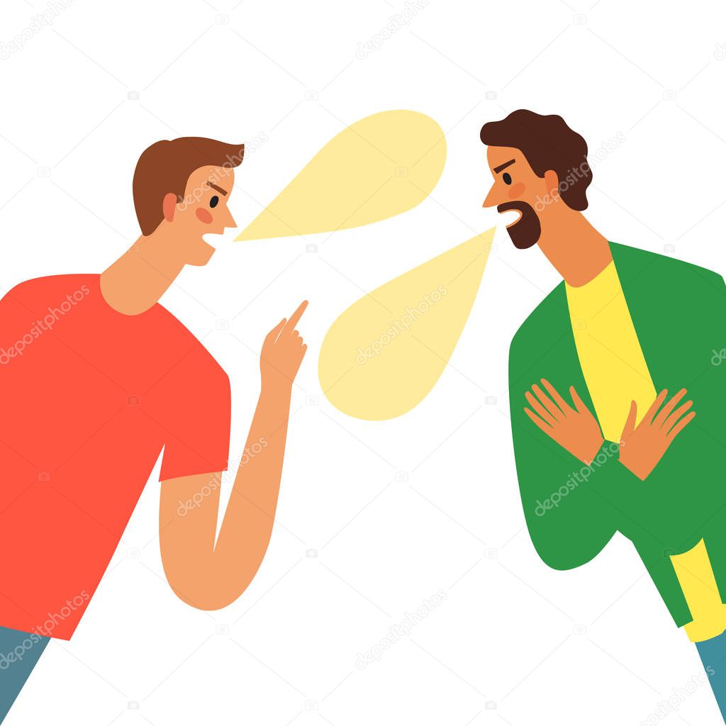 People argue. Two angry men shouting. Cartoon illustration for your design.