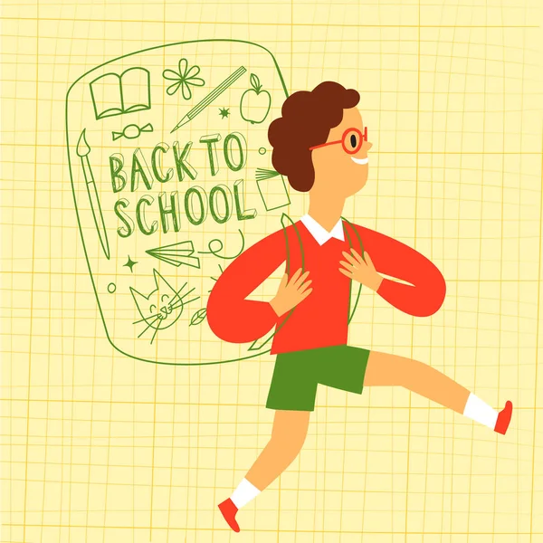 Ευτυχισμένο Αγόρι Τρέχει Στο Σχολείο Σακίδιο Συμπεριλαμβανομένης Της Doodle Σχέδια — Διανυσματικό Αρχείο