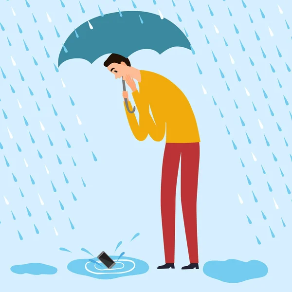 Mann Lässt Sein Handy Eine Pfütze Fallen Wasserunfall Mit Elektronik — Stockvektor