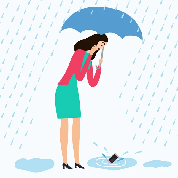 Mädchen Lässt Ihr Handy Eine Pfütze Fallen Wasserunfall Mit Elektronik — Stockvektor