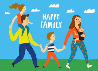 Mutlu bir aile. Güzel anne çocuklu. Tasarımınız için düzenlenebilir karikatür çizimi.
