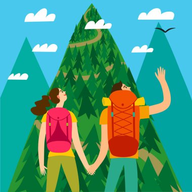 Yolcular Dağı'nda seyir büyük bir sırt çantası ile bir çift. Romantik backpacker illüstrasyon tasarımınız için.