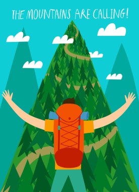 Çizgi Film Gezgini Dağı'nda seyir büyük bir sırt çantası ile. Dağlar başlık arıyor. Backpacker illüstrasyon tasarımınız için.