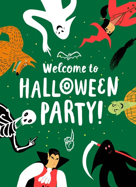 Plakat Mit Lustigen Halloween Comicfiguren Editierbares Vektorformat — Stockvektor