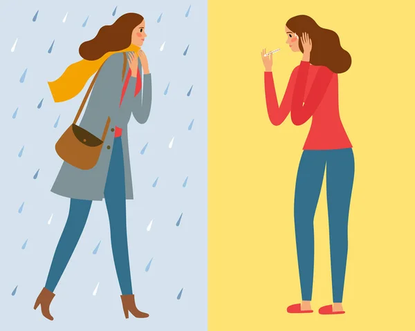 Mädchen Die Unter Dem Regen Gehen Und Sich Erkälten Cartoon — Stockvektor