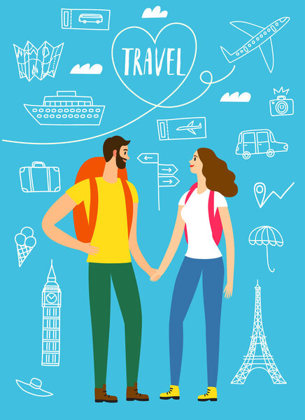 Пара путешественников с рюкзаками. Романтическая иллюстрация туриста с рисунками каракулей для вашего дизайна
.