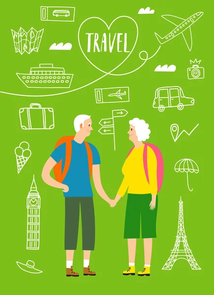 Sepasang Pensiunan Pelancong Dengan Ransel Ilustrasi Backpacker Romantis Dengan Gambar - Stok Vektor
