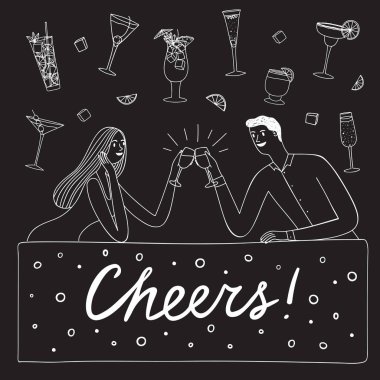 Barda içki genç bir çift. Romantik olay. Siyah arka plan üzerine kokteyli içki dizi Doodle dahil. Çizilmiş vektör çizim tasarımınız için el.