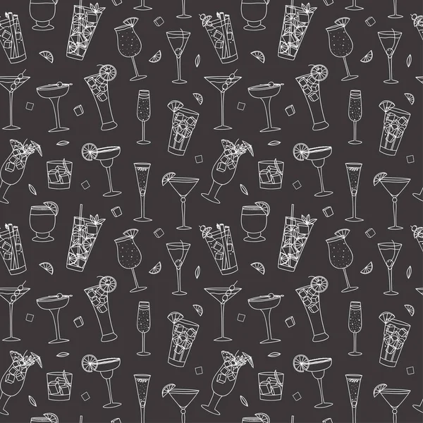 Doodle Cocktails Zwarte Achtergrond Naadloze Patroon Hand Getrokken Textuur Voor — Stockvector