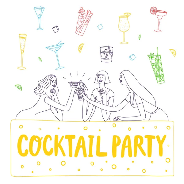 Doodle Meisjes Drinken Aan Bar Cocktailparty Met Inbegrip Van Doodle — Stockvector