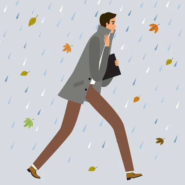 Mann Der Unter Dem Regen Geht Und Sich Erkältet Cartoon — Stockvektor