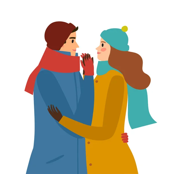 Pasangan Kartun Dalam Pakaian Musim Dingin Berpelukan Dan Satu Sama - Stok Vektor