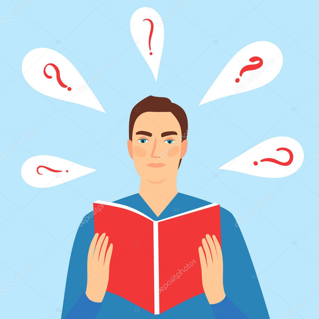 Boy trying to study English language. Educational illustration for your design.