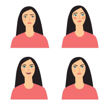 Lovely cartoon girl portrait. Set of different emotions. Vector illustration for your design. clipart