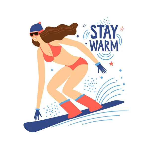 Cartoon Snowboarder Ragazza Bikini Mantenere Titolo Caldo Illustrazione Sport Invernali — Vettoriale Stock