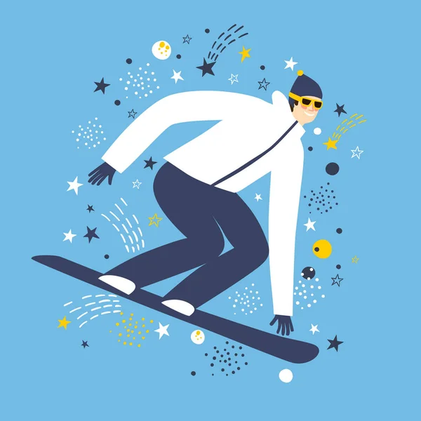 装飾的な背景に高速スノーボーダーの漫画 あなたの設計のための冬スポーツのイラスト — ストックベクタ