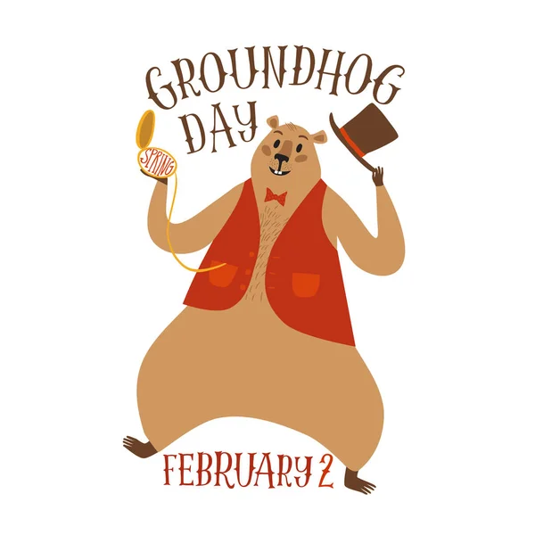 Cartoon Groundhog Dans Med Klocka Hålla Hat Groundhog Day Affisch — Stock vektor