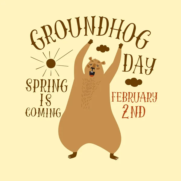 Grappige Cartoon Groundhog Gaapt Groundhog Day Poster Met Titel Voor — Stockvector
