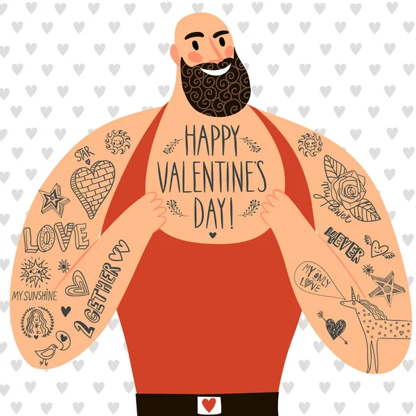 Cartoon Illustration Mighty Sexy Men Tattoos Happy Valentine Day Greeting — Stock Vector