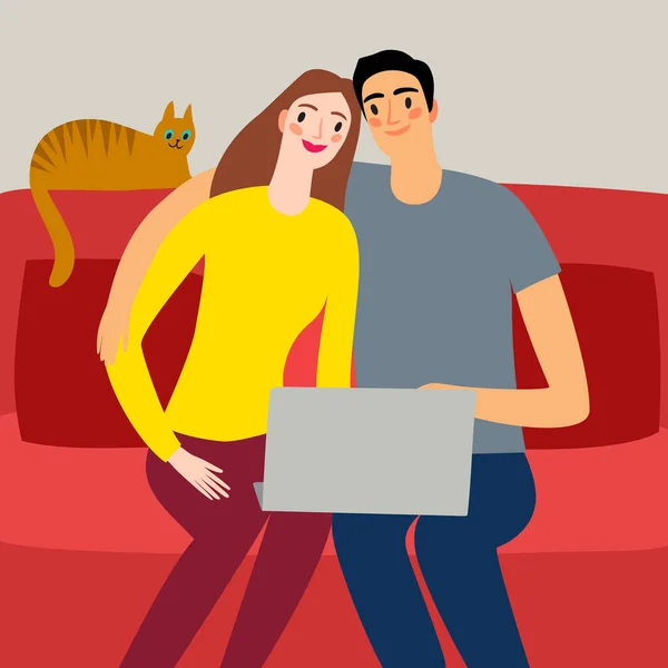漫画のカップルは コンピューターでビデオを見ながらソファに座っています あなたの設計のための愛と技術の図 — ストックベクタ