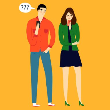 A guy peeps on a girl's smartphone. vector A guy peeps on a girl's smartphone. vector