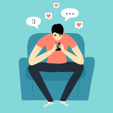 Çizgi film adam akıllı telefon tutarak ve sohbet.