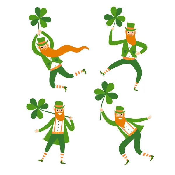 Set of cute cartoon leprechauns holding shamrocks — Stock Vector