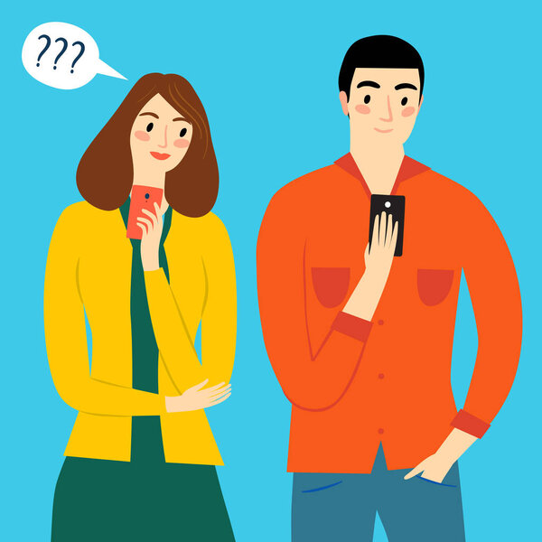 Девушка подглядывает за смартфоном мальчика
.