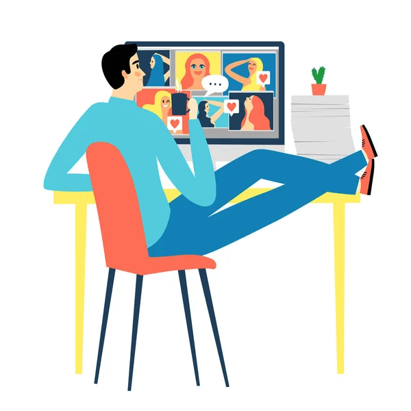 Cartoon worker watching girls on computer screen — Stock Vector