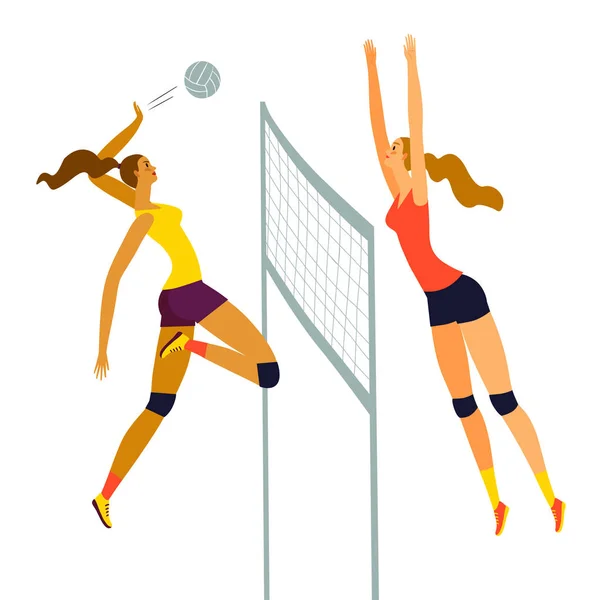 A pair of women playing dynamic volleyball. — Stock Vector