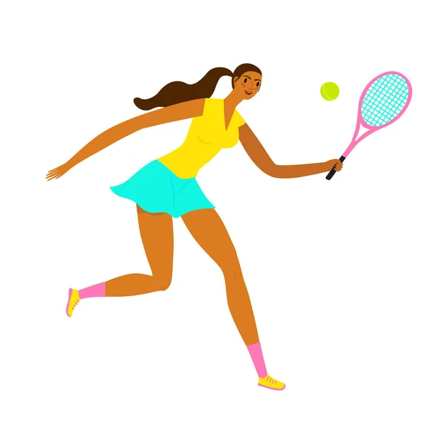 Hermosa mujer dinámica jugador de tenis sobre fondo blanco . — Vector de stock