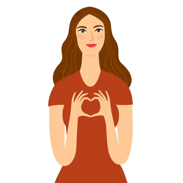 Preciosa chica mostrando el símbolo del corazón con sus dedos . — Vector de stock