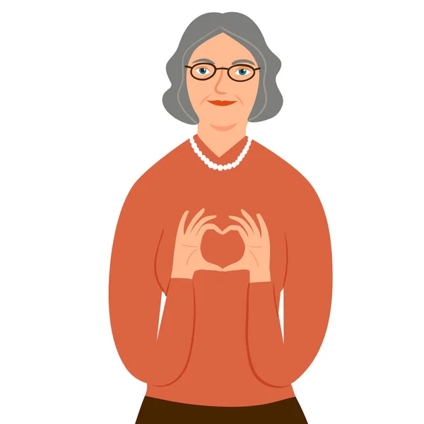 Mujer jubilada mostrando el símbolo del corazón con sus dedos . — Vector de stock