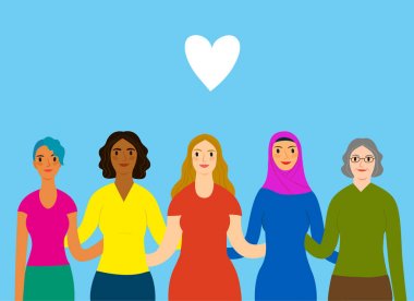 Farklı yaş, vücut, din ve ten rengi kadın sarılmak bir dizi