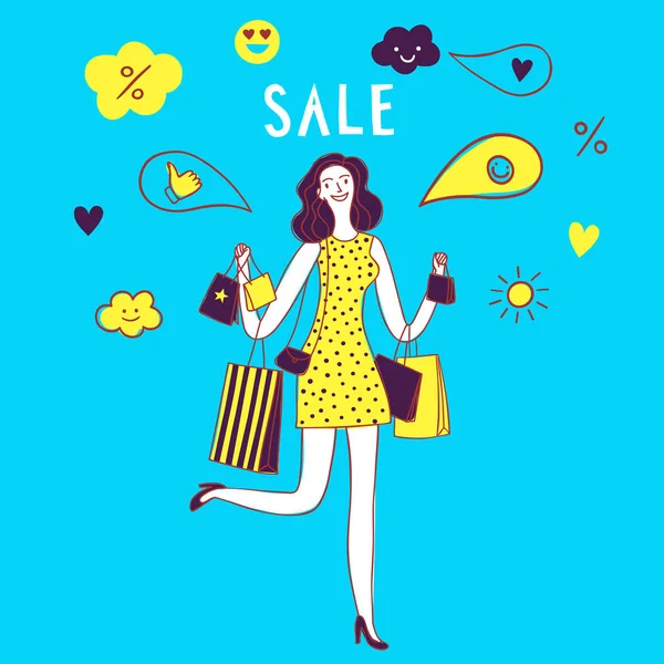 Sale illustration with happy woman holding shopping bags. — Stock Vector