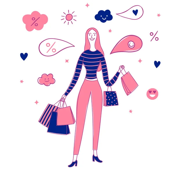 Ilustracja sprzedaży z szczęśliwą kobietą trzyma torby na zakupy. — Wektor stockowy